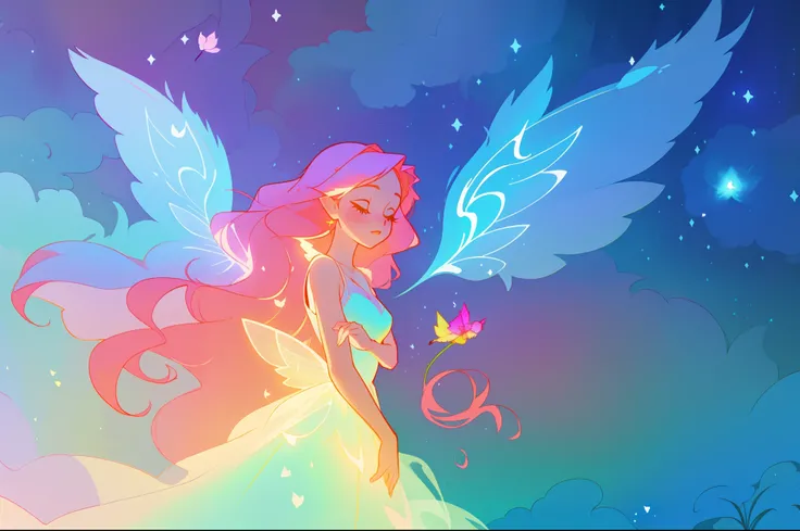 beautiful girl in flowing white dress, (glowing fairy wings), glowing flowing ballgown, long wavy hair, sparkling fairy wings, watercolor illustration, flowers and colorful plants, inspired by Glen Keane, inspired by Lois van Baarle, disney art style, by L...