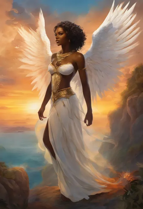 An 8K high-definition portrait of a black African woman, semi fat standing , pesando 90 kg , com 18 anos, de corpo inteiro, beleza do Deus Ebano, beleza de um deus, muito bonito ((Um homem africano negro,  anjo)) A black angel man with several majestic win...