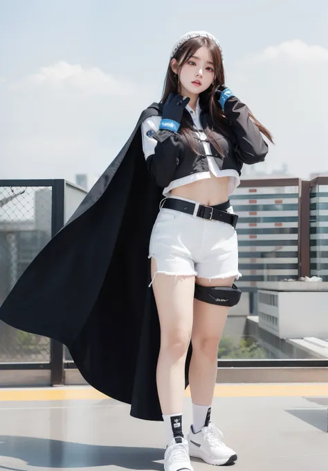 infp young woman、Good Style、、White Fashion、Idol face、large full breasts、、Black cloak、Shorts、long beautiful legs、Cool Face、Military Tops、Blue gloves