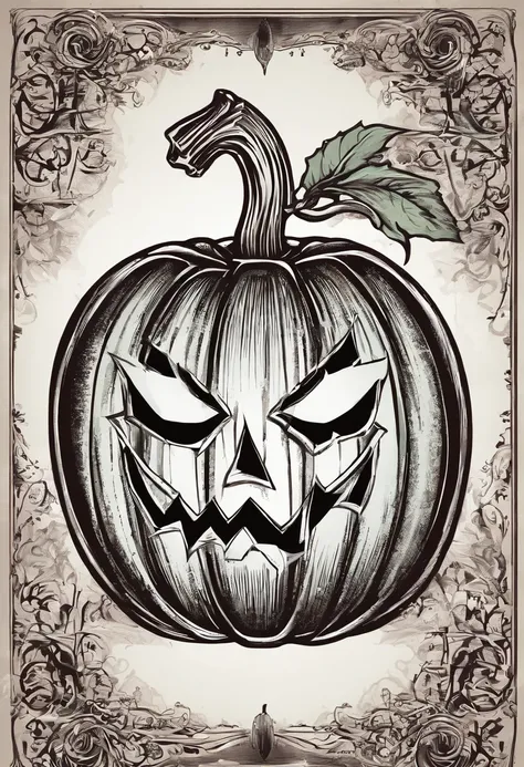 A big red juicy apple with the face of a scary jack o lantern and a twisted stem with a single green leaf drawn in woodcut style with a vintage look