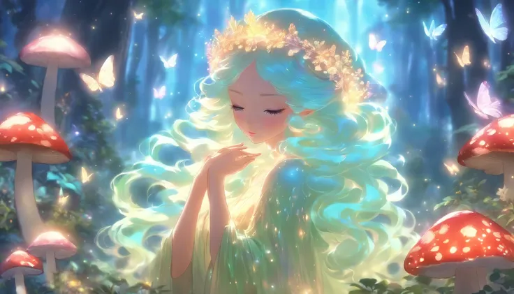 (best quality,ultra-detailed),mushroom forest queen goddess,ethereal,enchanted forest,beautiful detailed eyes,beautiful detailed lips,flowing gown,graceful pose,fairy wings,halo of light,magical crown,glowing mushrooms,whispering trees,mystical atmosphere,...