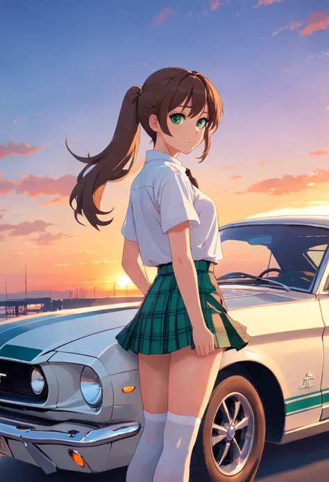 1girl, ponytail, white shirt, long hair, brown hair, green eyes, short plaid skirt, white thigh highs, sunset, blue bowtie, 4k, high definition, Ford Mustang GT500, sitting on car, looking at viewer