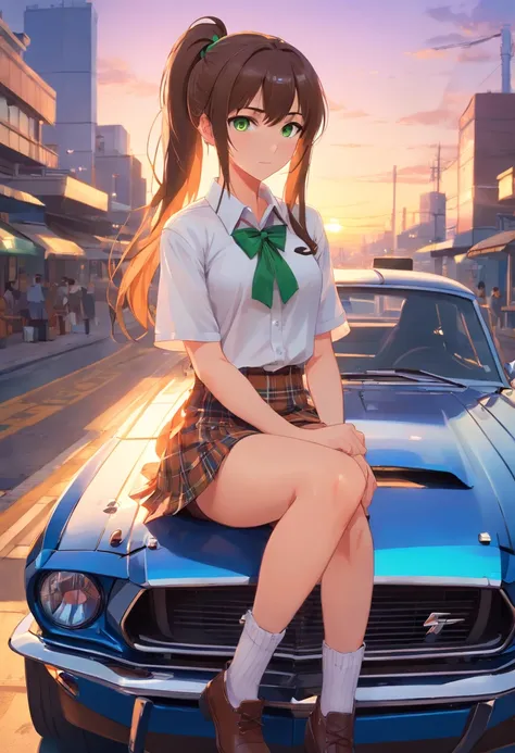 1girl, ponytail, white shirt, long hair, brown hair, green eyes, short plaid skirt, white thigh highs, sunset, blue bowtie, 4k, high definition, Ford Mustang GT500, sitting on car, looking at viewer