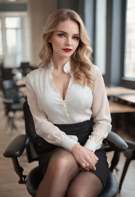 (2 women:1.5 ) long wavy blonde hair, big tits, long sexy legs, black pantyhose, black skirt, black high heels, white blouse, diamond necklace, office chair, full body shot, coffee mug, classroom, blackboard background, seductive