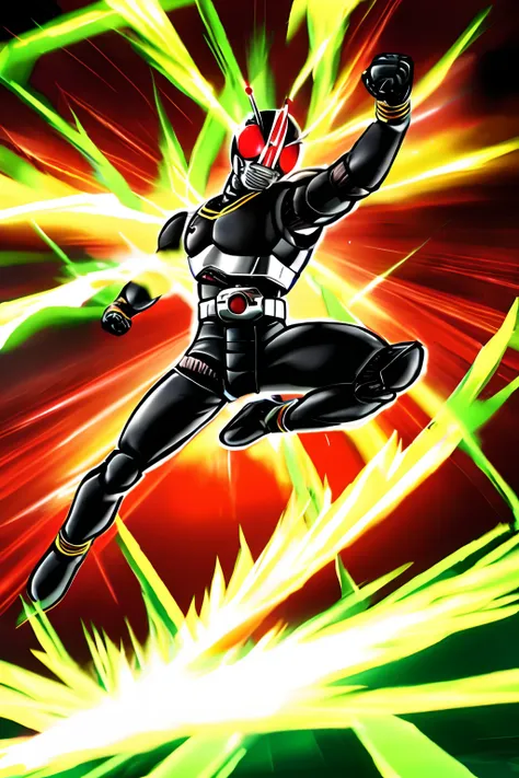 kamen rider black doing a jumping punch with a glowing fist toward bowser from super mario bros