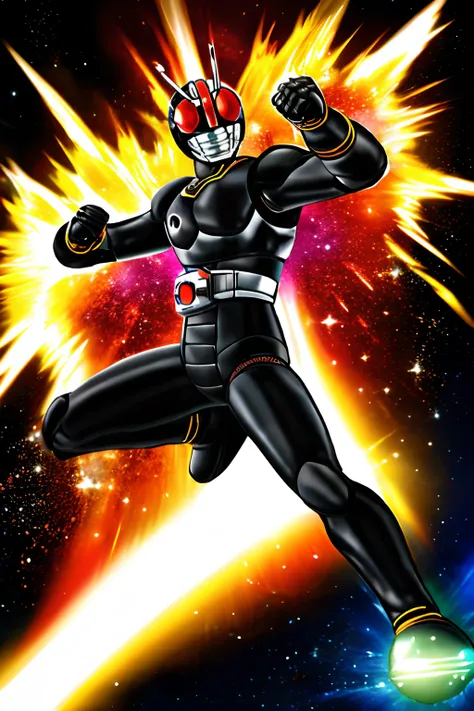 kamen rider black doing a jumping punch with a glowing fist toward bowser from super mario bros