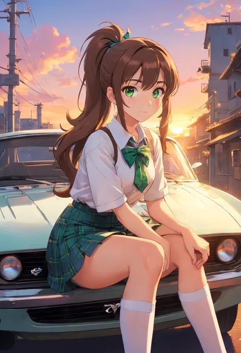 1girl, ponytail, white shirt, long hair, brown hair, green eyes, short plaid skirt, white thigh highs, sunset, blue bowtie, 4k, high definition, Ford Mustang GT500, sitting on car, looking at viewer