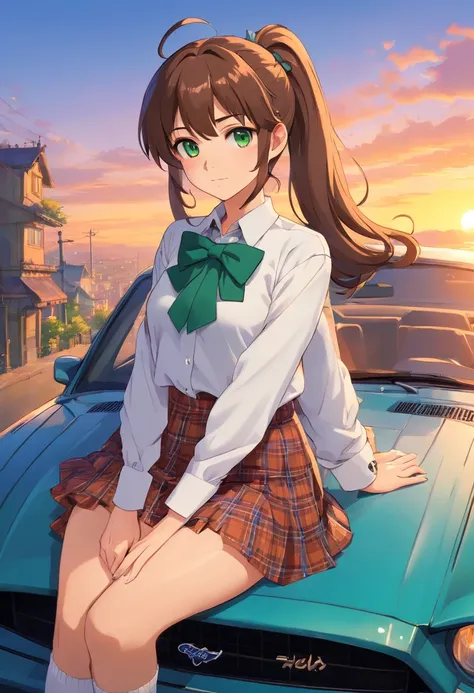 1girl, ponytail, white shirt, long hair, brown hair, green eyes, short plaid skirt, white thigh highs, sunset, blue bowtie, 4k, high definition, Ford Mustang GT500, sitting on car, looking at viewer