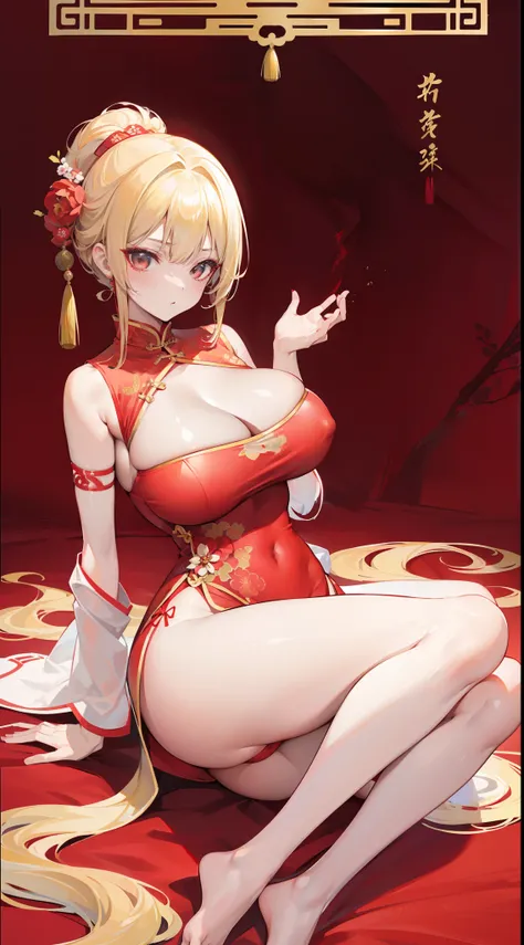 The blonde，on cheongsam，(Red cheongsam)，(Chinese tradition)，During the Republic of China，huge tit，High-forked cheongsam，expose arms，Exposing thighs，(cleavage)，Full body photo，(Cocked buttocks)，(Hypertrophic buttocks)