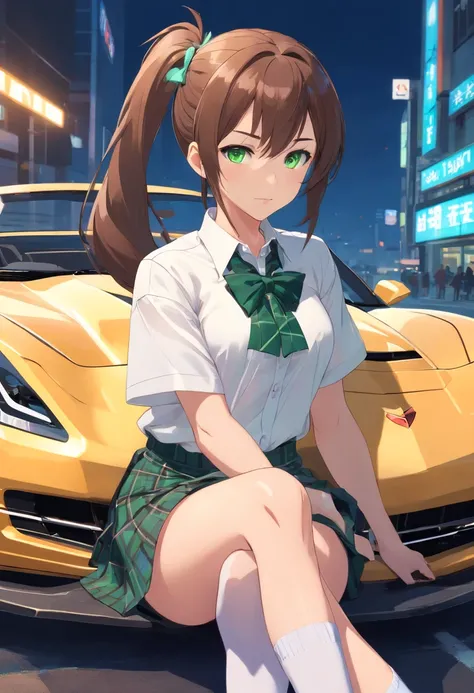 1girl, ponytail, white shirt, long hair, brown hair, green eyes, short plaid skirt, white thigh highs, blue bowtie, 4k, high definition, Chevrolet C5 Corvette, sitting on car, looking at viewer