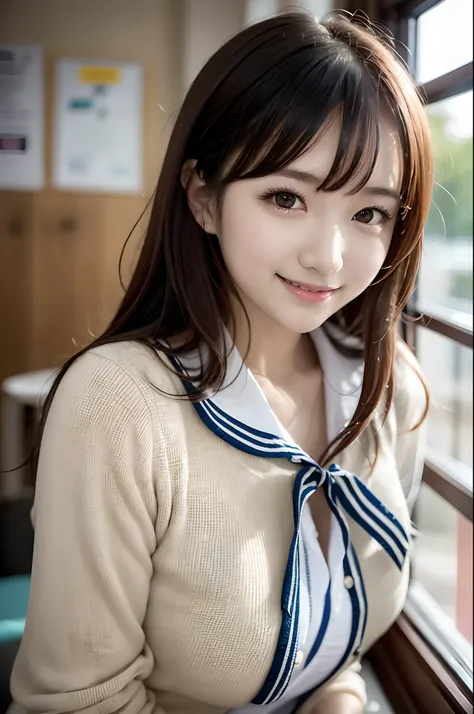 女の子 1 人、cute little、24 years old、A smile、looking at viewert、a sailor suit、校服、a picture、realisticlying、top-quality、adopt、A detailed face、‎Classroom、细致背景、diffuse lighting、depth of fields、Bokeh、(乃木坂アイドル、韓国アイドル、hposing Gravure Idol、((女優))、25-years old、tall:1.2...