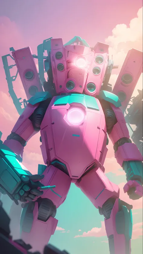 barbie Doll style: Ken. (A giant Man Robot Charracter), (Pink and cyan Background), outdoor.