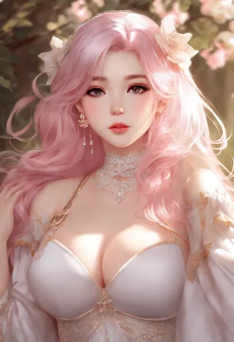 ((Top Quality, 8k, Masterpiece: 1.3)), Extremely Cute and Beautiful Woman, 1 Girl, (Huge Breasts: 1.3),Big Tits, (Abs, Slim Figure: 1.1), Sharp Focus, Pixiv Masterpiece, ((Intricate details)), Highly detailed, Upper body, 1girl, Pink hair from two sides up...