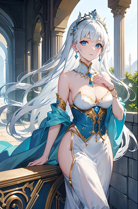 masterpiece, highlydetailed, ultra-detailed, solo, (1girl), (pale skin), icyblue eyes, frosty white hair, cool Chara, flat face, young lady, lady chara, medium boobs, cold face, goddess, kuudere girl, (Arabian background), (desert), (calm expression), (Ara...