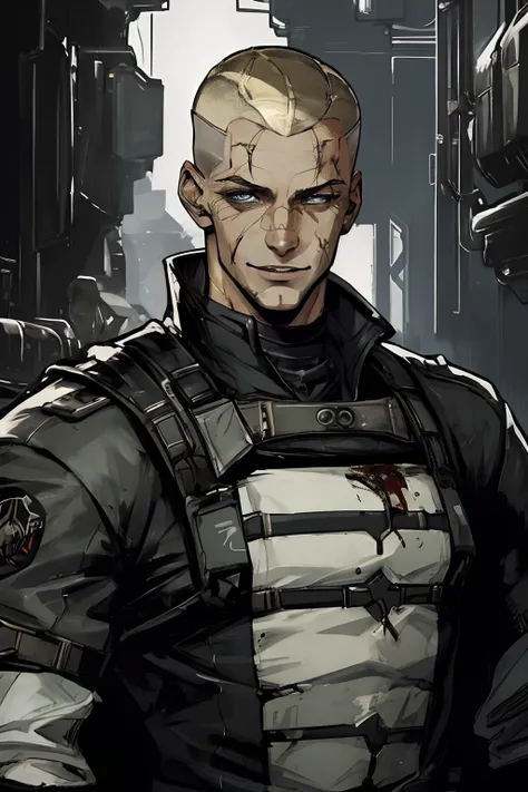 A badass rugged white young man in long ragged futuristic military gear, with a touch of blood and showcasing his skills as a soldier sci-fi. He also has buzzcut blonde hair, blue eyes and blonde eyebrows, smiling, laughing, smirking, trigger happy, muscul...