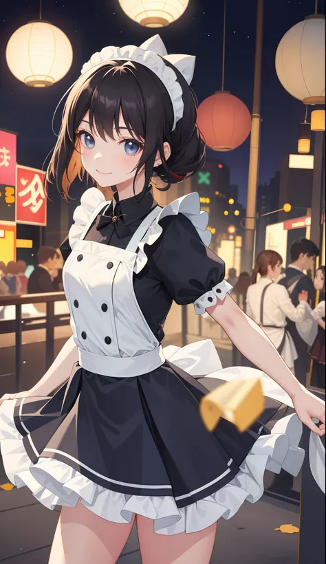 1girl in、AS-Adult、A smile、The shirt、Mini skirt、pantiy、（small tits）、doress、pinafore、Hair decoration、（Maid costume）、Walking with a thigh、Upper body portrait、