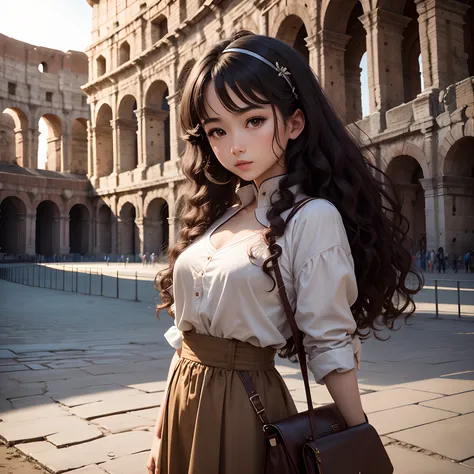 An Italian-Chinese brown curly-haired girl in the Colosseum