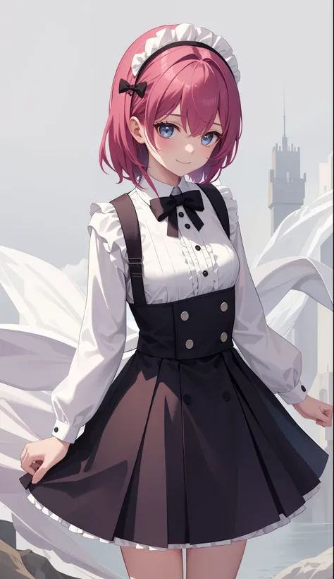 1girl in、AS-Adult、A smile、The shirt、Mini skirt、pantiy、（small tits）、doress、pinafore、Hair decoration、（Maid costume）、Walking with a thigh、Upper body portrait、