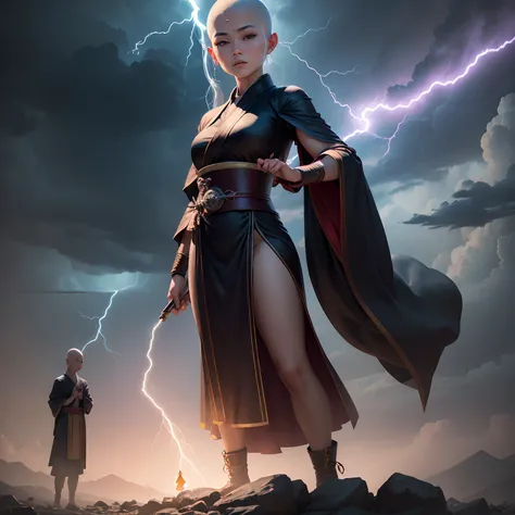 (Best Quality,Ultra-detailed,Realistic:1.37)、Japan Buddha monk attacks with lightning with the help of the God of Thunder、An 18-year-old woman、１femele、独奏、(Sharp eyes:1.5)、Beautiful face of attractive Japan woman、Aggressive look、Black robe with little expos...