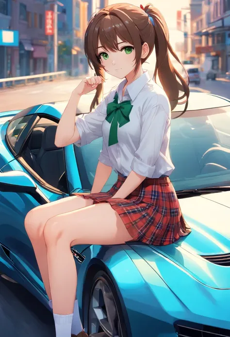 masterpiece, best quality, 1girl, sitting on car, Chevrolet Corvette C7, white shirt, short plaid skirt, white thigh highs, green eyes, brown hair, long hair, single ponytail, blue bow