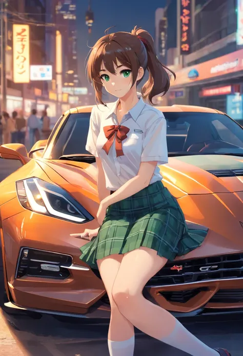 masterpiece, best quality, 1girl, sitting on car, Chevrolet Corvette C7, white shirt, short plaid skirt, white thigh highs, green eyes, brown hair, long hair, single ponytail, blue bow