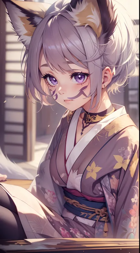 young girl, short blonde hair, Fox ears, violet eyes, tattoo, Scars, green kimono, tattoo, open belly, open breasts, open shoulders, neckline on the chest, long skirt, Sad,4k, HD, Good detail