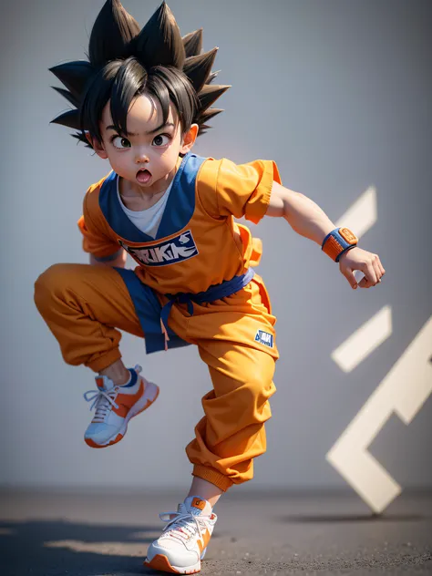 1 3D cute baby goku looks realistic, wearing Dragon Ball karate costume with hip hop combination, wearing Nike shoes, 1 character, make the face very similar, make the background in the real world, 100% similar