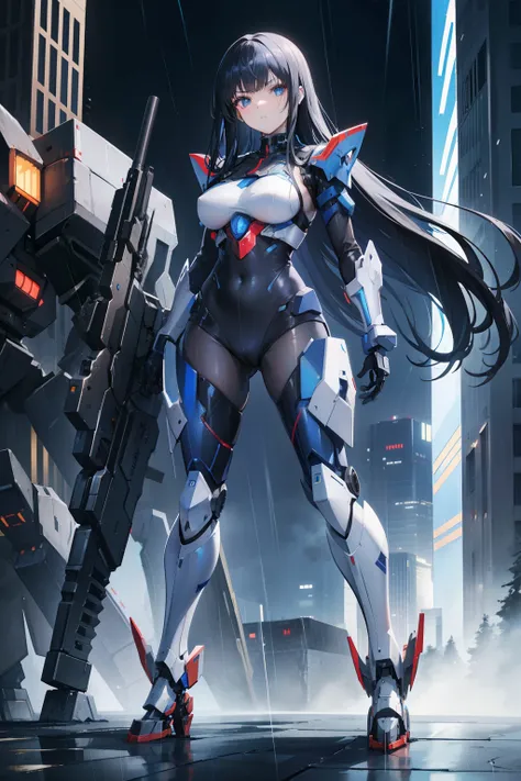 anime girl, good anatomy, detailed face, long black hair, beautiful blue eyes, slightly fierce face, mature, tall, in a mecha suit with a giant mech from armored core vi behind her, holding an assault rifle, nice background of a rainy city, 8k, high resolu...