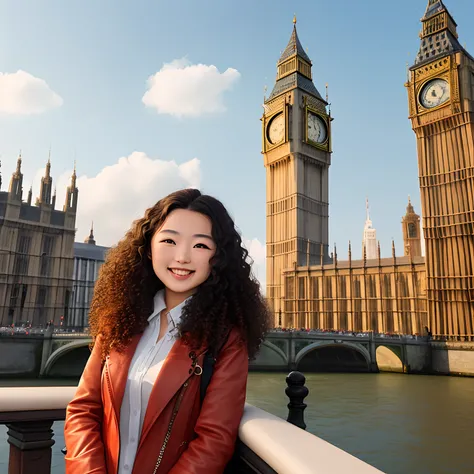 An Italian-Chinese girl with brown curly hair smiles confidently in front of Big Ben