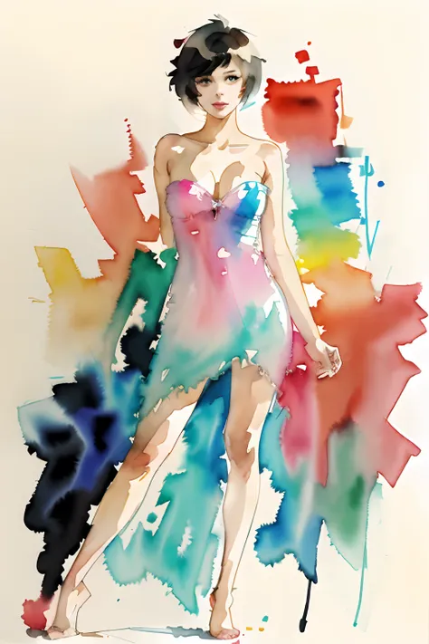 ((( watercolor sketch ))) 8k beautiful woman drawing a big canvas portrait (( designer strapless dress)) cluttered studio, glamorous (( pascal campion style ))