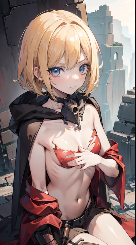 Detailed, ，The blonde，Short hair shader style, Masterpiece, Best quality, 1girll, Solo, Slim, school, indoor, , full bodyesbian, ((( A character in a post-apocalyptic world))), Personality engaged in housework, (((( Medium chest))), ((Beautiful simple anim...