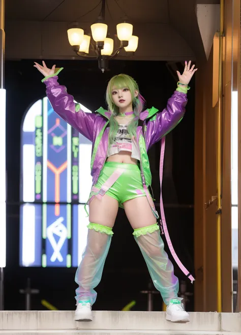 cyberpunk female idol、good style、fluorescent green hair、shiny shorts、、idol face、large full breasts、fluorescent green clothing、、、...