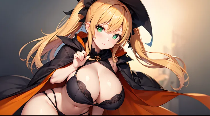 1 girl, game CG, orange mini dress, visible cleavage, visible shoulders, visible navel, black witch hat, cloak, orange panties, hair scrunchie, gigantic breasts, blonde, middle hair, side ponytail, green eyes, Halloween background,