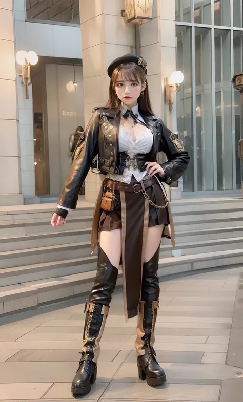 Young woman in steampunk fashion、Good Style、Brown-haired semi-long、Skirt with slit、Black jacke、Idol face、large full breasts、