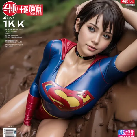 (Best Quality,4K,8K,hight resolution,masutepiece:1.2),Ultra-detailed,Realistic:1.37,Super masterpiece,Short-haired Supergirl lying in a quagmire、large full breasts、Looking at the camera、Glossy costume、a choker、Covered in mud、Weekly magazine cover、Splatteri...