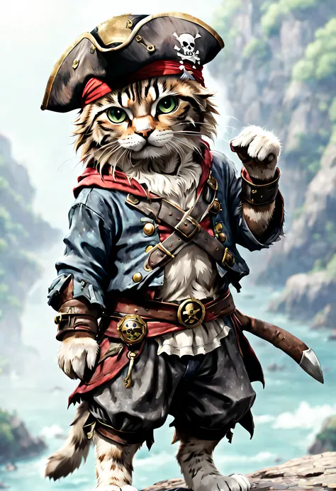 a cute cat that wearing a pirate outfit like in the one piece manga, detailed, realistic, 8k uhd, high quality