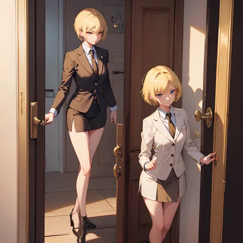 1girll，(short blonde hair:1.6)，Business suit，Skirt that wraps hips，black short socks，Mature and beautiful and sexy，Rich and noble families，In the corridor of the villa，(Knocking on the door:2)，facing away from the audience，seductive, Ultra-detailed CG，Exqu...