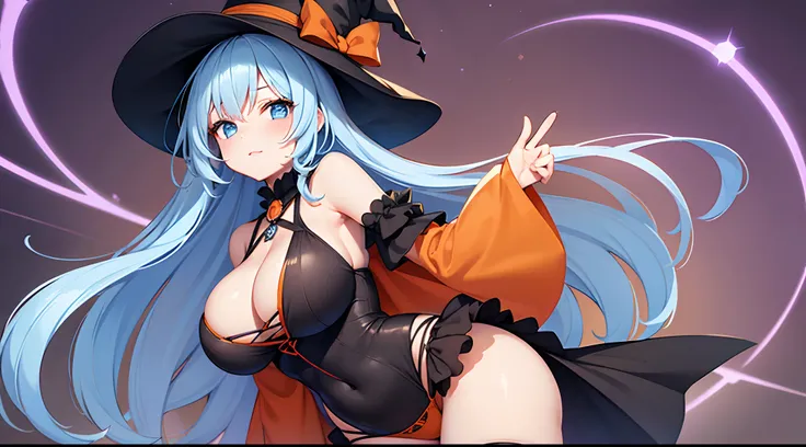 1 girl, game CG, orange mini dress, visible cleavage, visible shoulders, visible navel, black witch hat, cloak, orange panties, string hair ribbon, gigantic breasts, light blue hair, middle hair, two side up, blue eyes, Halloween background,