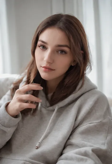 Arafed Woman Sitting on a Bed Taking a Selfie with Her Cell Phone, con sudadera, foto de perfil, foto del atuendo, con una sudadera con capucha roja, Ropa casual, Sudadera con capucha roja, wear an oversized hoodie, Llevar una sudadera con capucha escarlat...