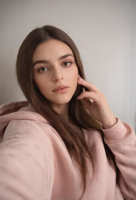 Arafed Woman Sitting on a Bed Taking a Selfie with Her Cell Phone, con sudadera, foto de perfil, foto del atuendo, con una sudadera con capucha roja, Ropa casual, Sudadera con capucha roja, wear an oversized hoodie, Llevar una sudadera con capucha escarlat...