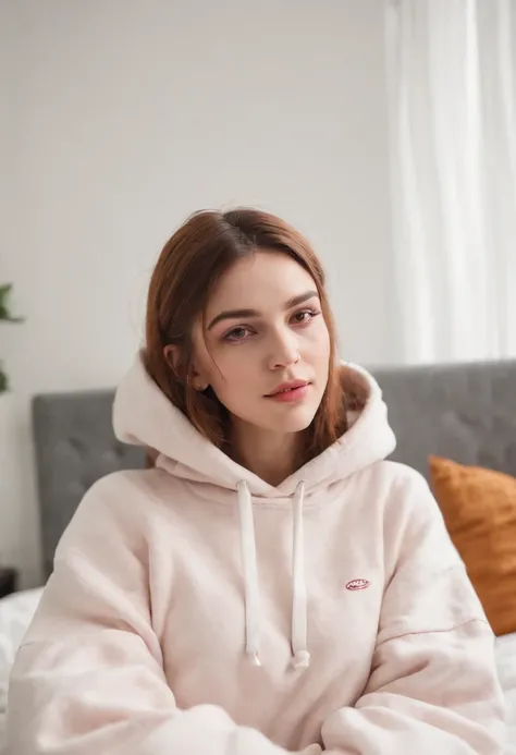 Arafed Woman Sitting on a Bed Taking a Selfie with Her Cell Phone, con sudadera, foto de perfil, foto del atuendo, con una sudadera con capucha roja, Ropa casual, Sudadera con capucha roja, wear an oversized hoodie, Llevar una sudadera con capucha escarlat...