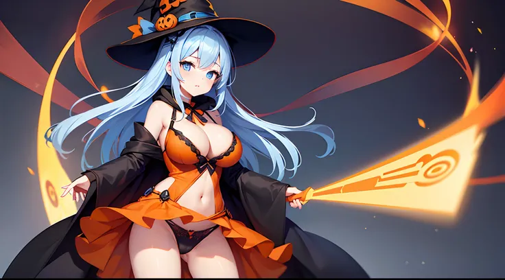 1 girl, game CG, orange mini dress, visible cleavage, visible shoulders, visible navel, black witch hat, cloak, orange panties, string hair ribbon, gigantic breasts, light blue hair, middle hair, two side up, blue eyes, Halloween background,