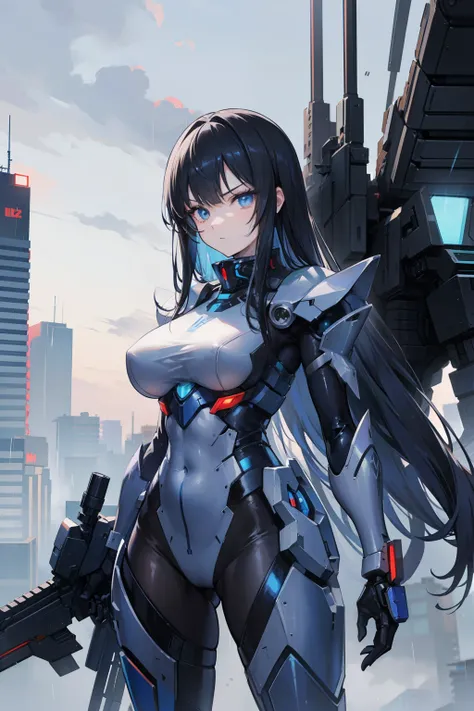 anime girl, good anatomy, detailed face, long black hair, beautiful blue eyes, slightly fierce face, mature, tall, in a mecha suit with a giant mech from armored core vi behind her, holding an assault rifle, nice background of a rainy city, 8k, high resolu...