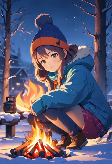 (masterpiece, heartwarming depiction of a girl wearing winter clothes and a beanie, warming herself by a campfire on a serene night:1.3), (meticulously captured to convey the cozy ambiance of a winter evening:1.2), (the girls attire and the flickering flam...