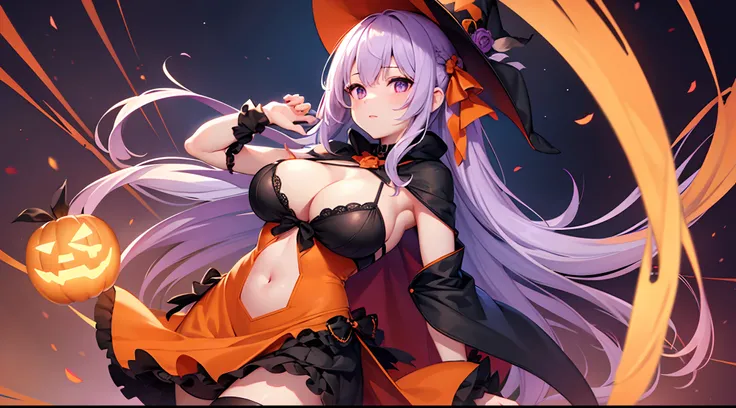 1 girl, game CG, orange mini dress, visible cleavage, visible shoulders, visible navel, black witch hat, cloak, orange panties, hair ribbon, gigantic breasts, light purple hair, long hair, french braid, purple eyes,Halloween background ,