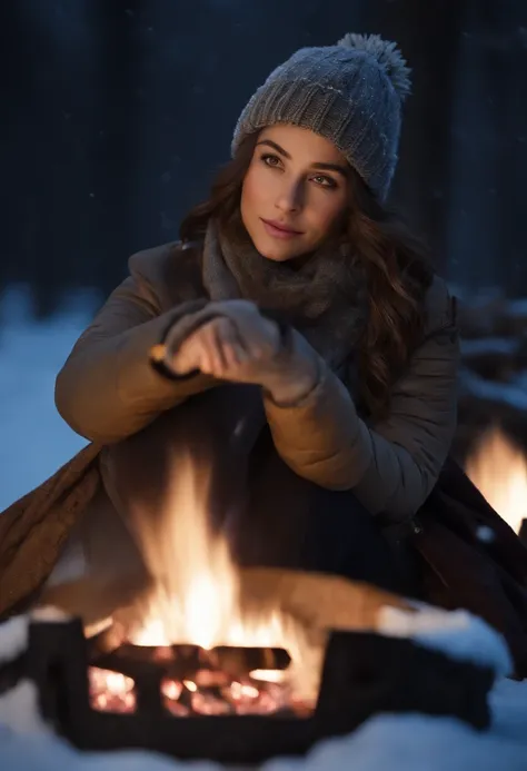 (masterpiece, heartwarming depiction of a girl wearing winter clothes and a beanie, warming herself by a campfire on a serene night:1.3), (meticulously captured to convey the cozy ambiance of a winter evening:1.2), (the girls attire and the flickering flam...