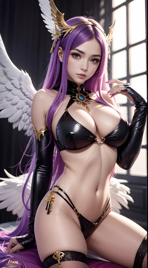 Realista - imagem de estilo de uma mulher com cabelo roxo e asas de anjo, menina do cavaleiro do anjo, Anjo majestoso de corpo inteiro, as a mystical valkyrie, fanart requintada altamente detalhada, knights of zodiac girl, cushart krenz arte chave feminina...