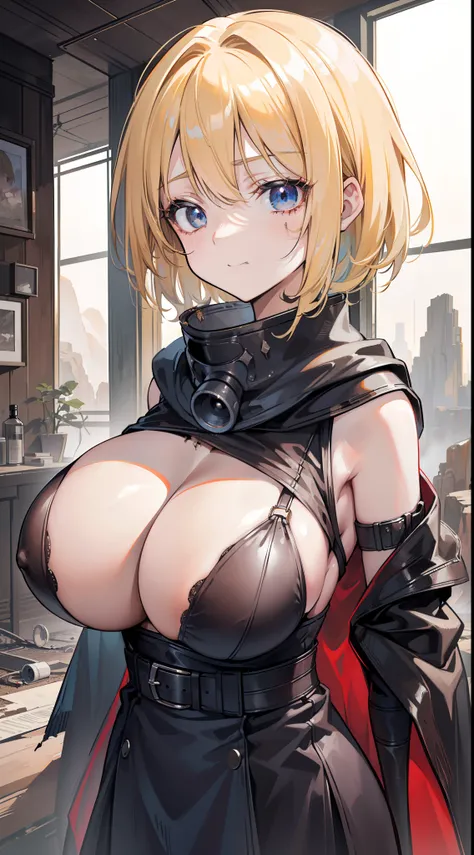 Detailed, ，The blonde，short detailed hair，(ssmile)Shader style, Masterpiece, Best quality, 1girll, Solo, Slim, school, indoor, , full bodyesbian, ((( A character in a post-apocalyptic world))), Personality engaged in housework, (((( huge tit))), ((Beautifu...