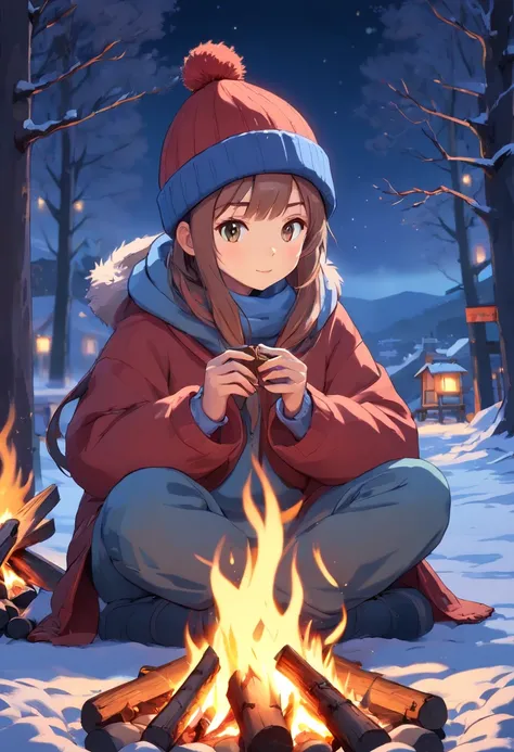 (masterpiece, heartwarming depiction of a girl wearing winter clothes and a beanie, warming herself by a campfire on a serene night:1.3), (meticulously captured to convey the cozy ambiance of a winter evening:1.2), (the girls attire and the flickering flam...