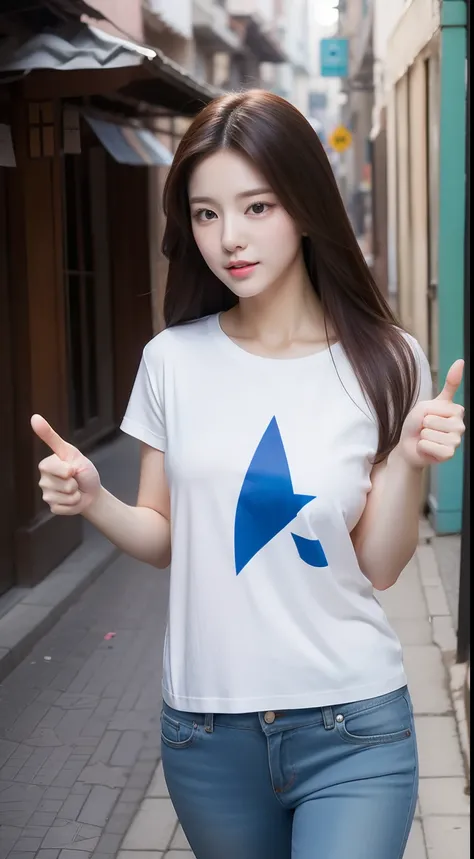 realistic photos of 1 cute Korean star, straight hair, white skin, thin makeup, 32 inch breasts size, wearing t-shirt, pants, walking in the old town,  with thumbs -up pose, upper body portrait, UHD